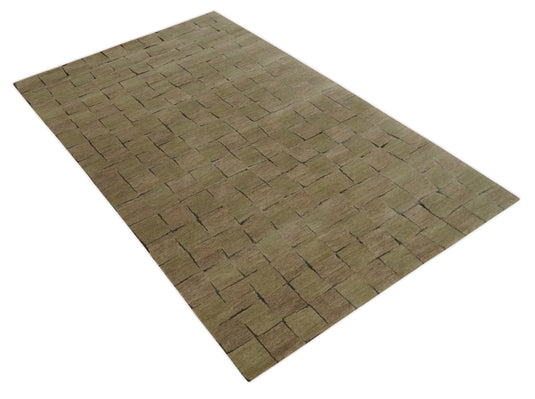 Modern geometrical Hand Knotted Brown, Olive and Charcoal 5x8 ft Bedroom, Living Room Rug Wool and Art Silk Area Rug
