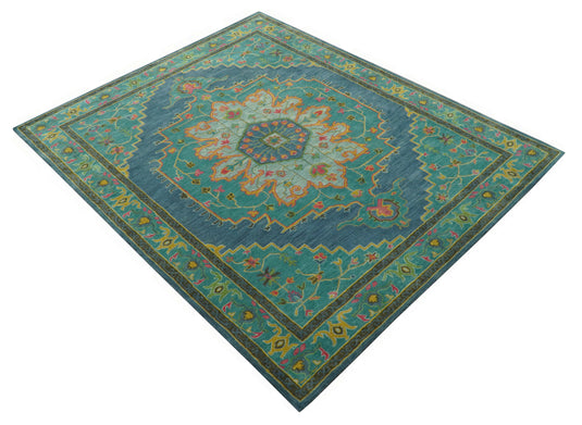 Custom Made Traditional Floral And Botanical Pattern Green, Blue And Yellow Hand Tufted Wool Area Rug