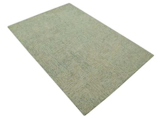 Hand Tufted Interlocking Squares Gray, Ivory And Olive Wool Rug 5x7.6 ft Ideal for Living, Bedroom And Dining Rooms