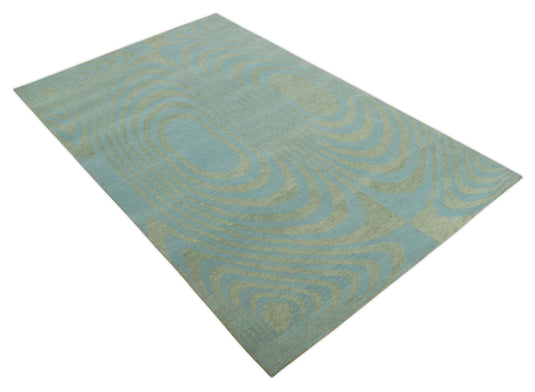 Modern geometrical Hand Knotted Olive and Blue 5x8 ft Bedroom, Living Room Rug Wool Area Rug