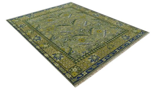 Hand Knotted Olive, Green And Blue Traditional Floral Wool Rug 8x10 ft Ideal for Living, Bedroom And Dining Rooms
