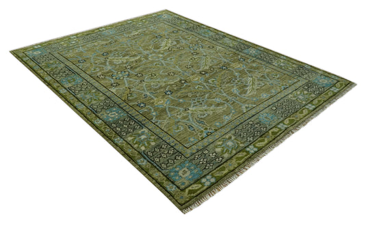 Custom Made Hand Knotted Green, Grey And Blue Traditional Floral Wool Area Rug