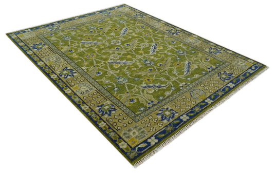 Custom Made Green And Blue Hand Knotted Traditional Floral Wool Area Rug