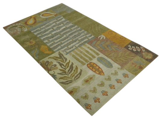Floral Geometrical Hand Knotted Olive, Ivory, Brown and Teal 5x8 ft Bedroom, Living Room Rug Wool Area Rug
