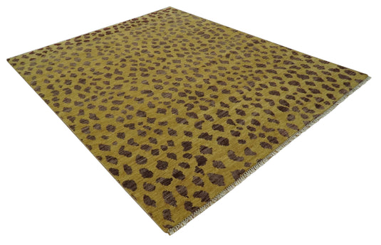Custom Made Hand Knotted Leopard Design Mustard And Brown Wool Area Rug