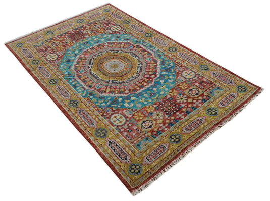 Traditional Persian Colorful Hand knotted Light Blue, Mustard and Red 6x9 ft Bedroom, Living Room Rug ,wool Area Rug
