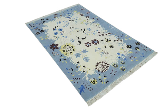Floral Pattern Ivory, Light Blue, Brown And Charcoal Hand Knotted 6.6x10 ft Bedroom, Living Room Rug Wool Area Rug
