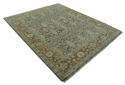 Antique Traditional Hand Knotted Green, Brown And Beige Wool Rug 8x10 ft Ideal for Living, Bedroom And Dining Rooms