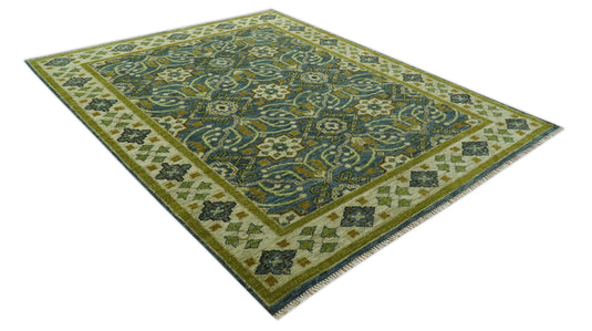 Custom Made Traditional Motifs Blue And Olive Hand Knotted Wool Area Rug