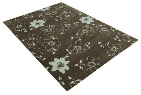Floral Handloom Brown and Ivory 5.9x7.8 ft Bedroom, Living Room Rug Wool Area Rug