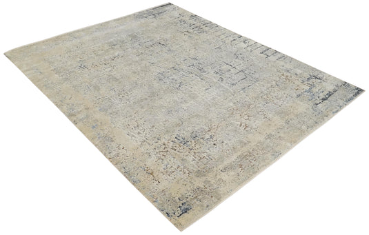 Traditional Floral Silver, Beige And Charcoal Hand Knotted 8x10 ft Bedroom, Living Room Rug Wool And Original Silk Area Rug