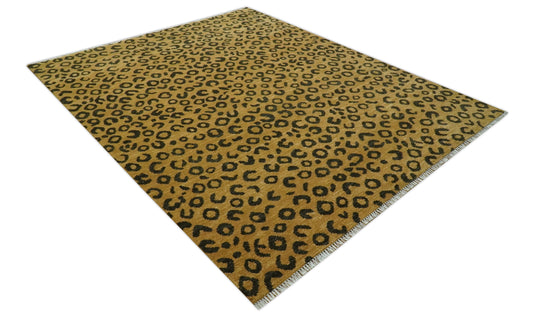 Golden-Brown And Charcoal Modern Leopard Hand Knotted Wool Rug 8x10 ft Ideal for Living, Bedroom And Dining Rooms