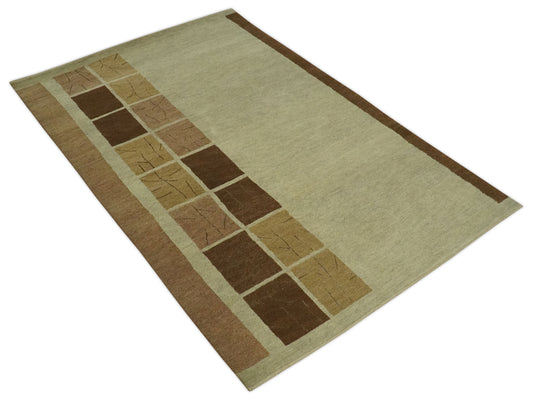 Modern Geometrical Hand knotted Olive, Brown and Beige 4x6 ft Bedroom, Living Room Rug Wool Area Rug