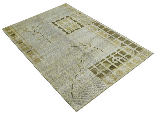 Modern Geometrical Floral Hand Knotted Olive and Ivory 4x6 ft Bedroom, Living Room Rug Wool and Art Silk Area Rug