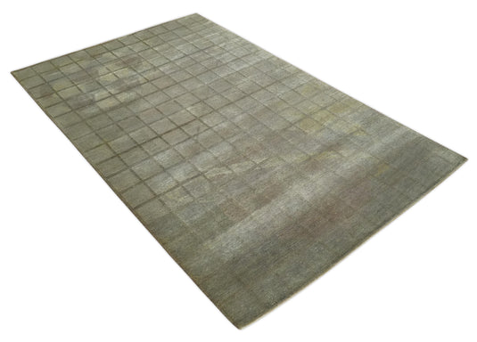 Modern Geometrical Hand Knotted Olive, Brown and Beige 5x8 ft Bedroom, Living Room Rug Wool and Art Silk Area Rug