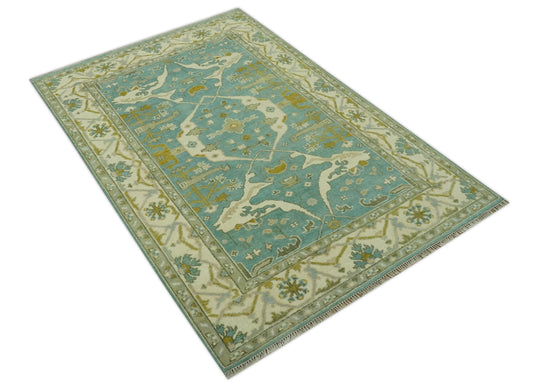 Hand Knotted Oriental Oushak Aqua, Olive And Ivory Rug 6x9 ft Ideal for Living, Bedroom And Dining Rooms | CP38345