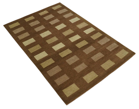 Modern Geometrical Pattern Hand Knotted Brown, Beige and Ivory 4x6 ft Bedroom, Living Room Rug Wool and Art Silk Area Rug