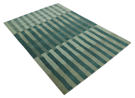 Modern Geometrical Pattern Hand Knotted Teal, Gray and Ivory 5x8 ft Bedroom, Living Room Rug Wool Area Rug