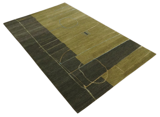 Modern Geometrical Hand Knotted Olive and Charcoal 5x8 ft Bedroom, Living Room Rug Wool and Viscose Area Rug