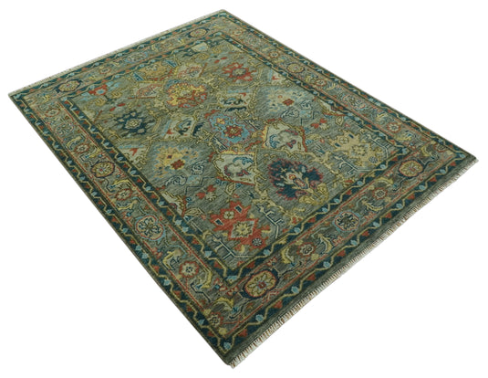 Hand Knotted Green, Gray, Teal And Rust Traditional Oushak Wool Rug 8x10 ft Ideal for Living, Bedroom And Dining Rooms