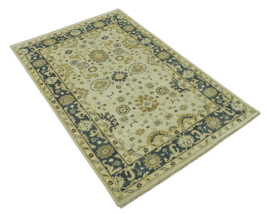 Hand Knotted Cream, Beige And Charcoal Traditional Wool Rug 6x9 ft Ideal for Living, Bedroom And Dining Rooms | CP239469