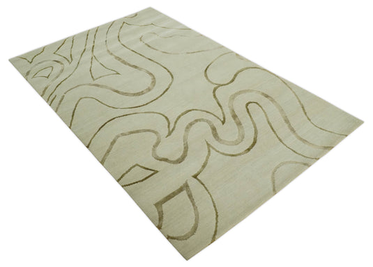 Swirl Pattern Hand Knotted Beige and Olive 5x8 ft Bedroom, Living Room Rug Wool and Art Silk Area Rug