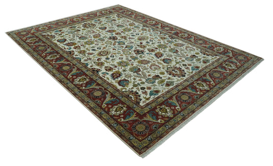 Antique Ivory, Brown, Olive And Blue Traditional Floral Hand Knotted Wool Rug 9x12 ft Ideal for Living, Bedroom And Dining Rooms | CP1788912