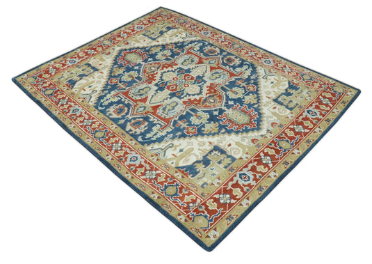 Traditional Pattern Blue, Ivory, Red and Beige Hand Knotted 8x10 ft wool Area Rug