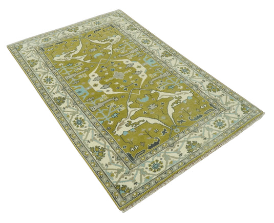 Hand Knotted Oriental Oushak Olive, Ivory, Gray And Blue Wool Rug 6x9 ft Ideal for Living, Bedroom And Dining Rooms | CP240269