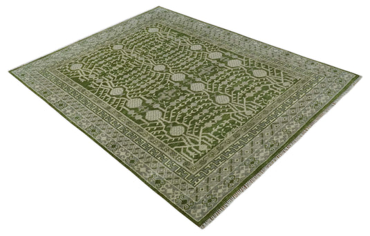 Traditional Oriental Oushak Hand knotted Green, Ivory and Silver 8x10 ft Bedroom, Living Room Rug ,wool Area Rug