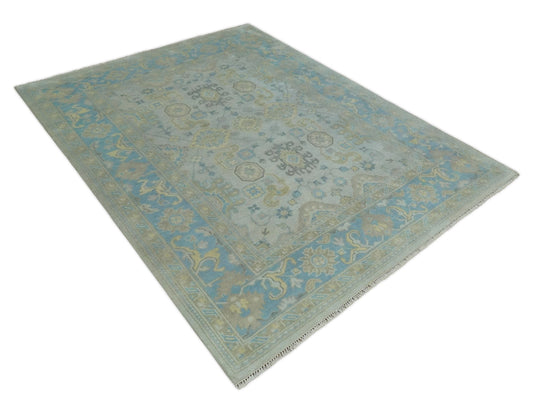 Traditional Persian Floral Oushak Hand knotted Ivory, Blue and Beige 8x10 wool Area Rug