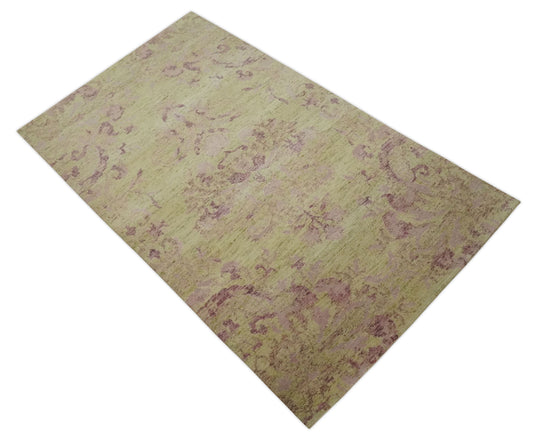 Traditional Floral pattern Hand Knotted Olive and Purple 3x5 ft Bedroom, Living Room Rug Wool Silk Area Rug