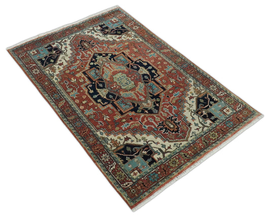 Persian Hand knotted Rust, Charcoal and Ivory 2x3, 3x5 and 4x6 Heriz Serapi wool Area Rug