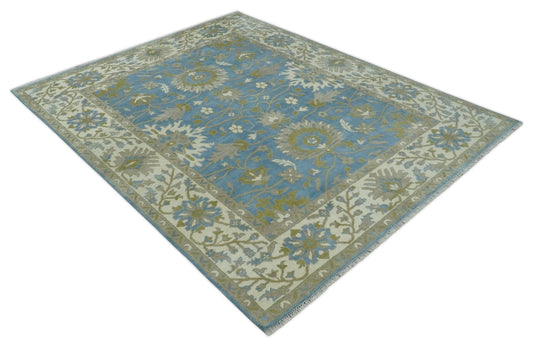 Traditional Persian Oushak Hand knotted Blue, Ivory and Olive 8x10 wool Area Rug