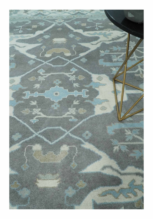 Traditional Persian Oriental Oushak Hand knotted Charcoal, Ivory and aqua 8x10 wool Area Rug