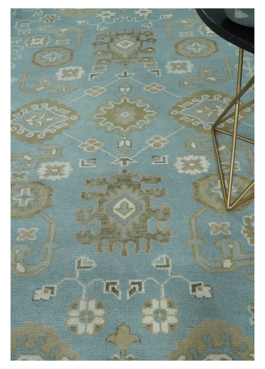 Traditional Persian Oushak Hand knotted Aqua, Ivory and Olive 8x10 wool Area Rug