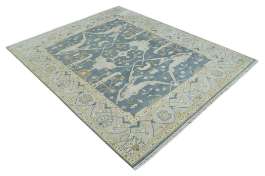 Traditional 8x9 Hand Knotted Gray, Ivory and Beige Oriental Oushak Wool Area Rug
