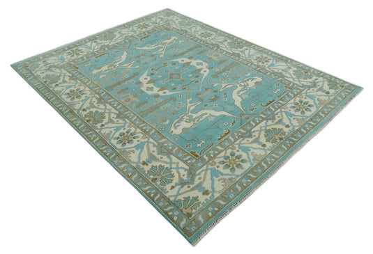 8x10 Aqua, Ivory and Charcoal Hand Knotted Oriental Oushak Wool Area Rug