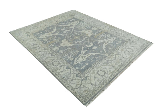 Traditional 8x10 Hand Knotted Charcoal, Ivory and Beige Oriental Oushak Wool Area Rug