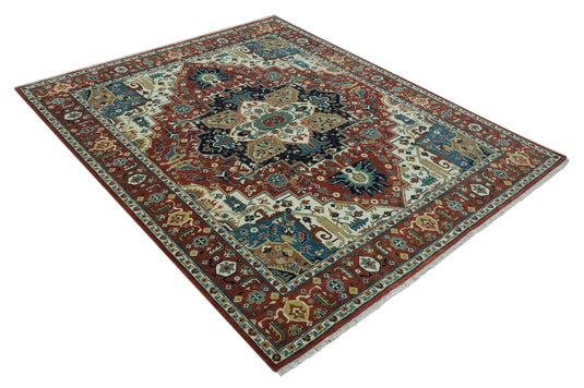 Hand Knotted Traditional Herati Rust, Blue, Teal And Ivory Wool Rug 8x10 ft Ideal for Living, Bedroom And Dining Rooms | CP2457810