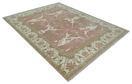 Vintage look Hand knotted Peach, Ivory and Olive 8x10 and 9x12 Oriental Oushak wool Area Rug