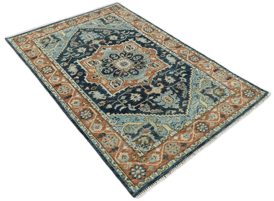 Traditional Heriz Hand knotted Blue and Rust 9x12 ft Bedroom, Living Room Rug ,wool Area Rug