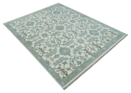 Traditional Oriental Oushak Hand knotted Ivory and Teal 8x10 ft Bedroom, Living Room Rug ,wool Area Rug