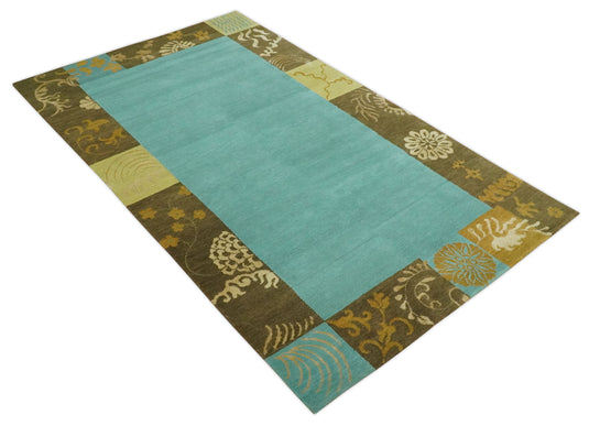 Traditional Floral Border Pattern Hand knotted Aqua Green and Brown 5x8 ft Bedroom, Living Room Rug , Wool Silk Area Rug AAOC358