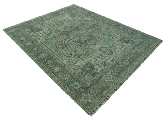 Custom Made Traditional Heriz Green, Silver And Taupe Antique Style Hand Knotted Wool Area Rug