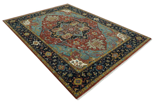 Hand Knotted Traditional Central Medallion Red, Aqua, brown, Black And Olive Wool Rug 9x12 ft Ideal for Living, Bedroom And Dining Rooms | CP986912