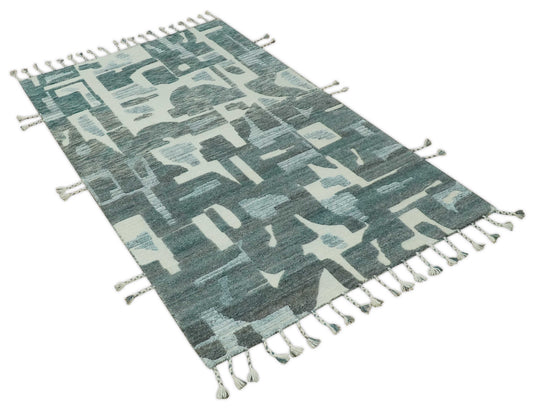 Modern Abstract Patten Ivory, Charcoal And Gray Hand Knotted 5x8 ft Bedroom, Living Room Rug Wool Area Rug