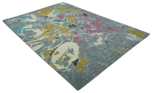 Colorful Abstract Gray, Olive, Ivory and Pink Hand Knotted 10x14 and 12x15 ft Bedroom, Living Room Rug Wool Area Rug