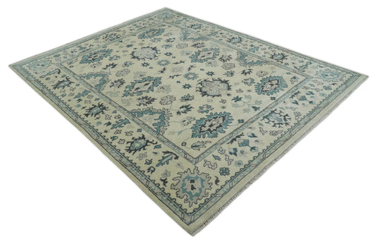 Traditional 8x10 Beige and Blue Hand Knotted Oriental Oushak Wool Area Rug