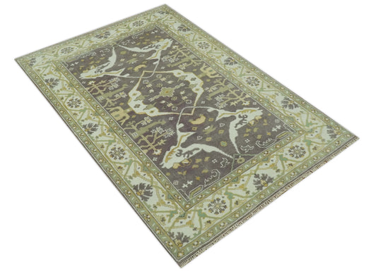 Hand Knotted Oriental Oushak Brown, Beige And Ivory Rug 6x9 ft Ideal for Living, Bedroom And Dining Rooms | CP36942